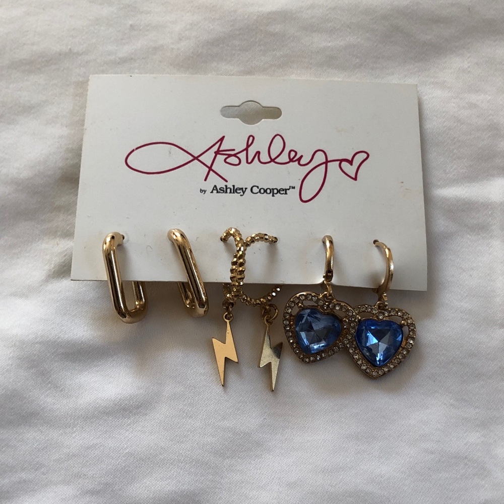 Ashley Cooper Gold Tone Kids Earring Set with Blue Heart Charms.  Reg earrings